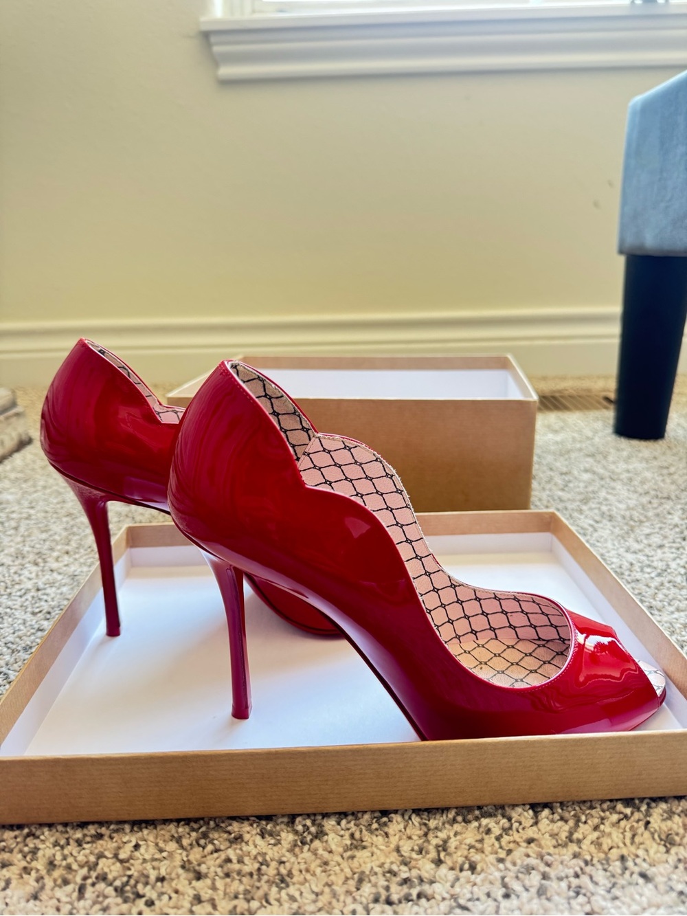 Christian Louboutin Red Patent Scalloped Peep-Toe Stilettos